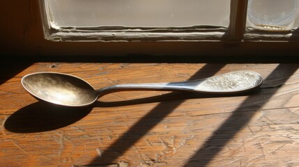   A silver spoon atop a wooden table, near a window with a sill as its backdrop