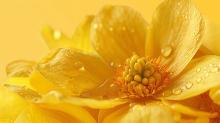   A tight shot of a yellow flower with dewdrops on its petals and in its center