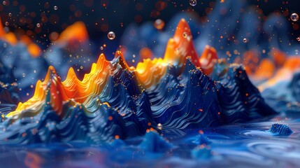   A cluster of mountains rising from a water body, spewing bubbles at their summits