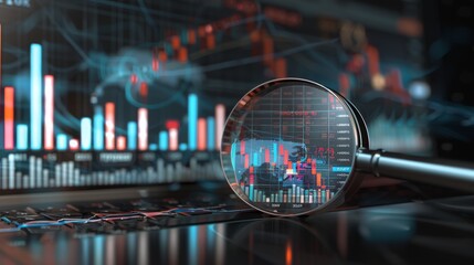 Business Stock Market Analysis Financial Growth and Investment Trends in 2024, Chart and Graph with Magnifying Glass Exploring Financial Data for Market Insights Investment Strategies Business Growth