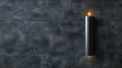   A lit candle atop a gray wall adjacent to a brick wall, displaying a distinct crack in its middle