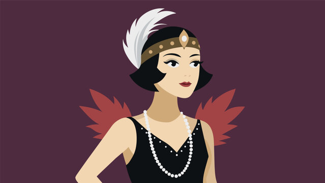 A woman dressed as a flapper donning a glitzy beaded dress and feather headpiece capturing the bold and rebellious spirit of the Roaring Twenties.. Vector illustration