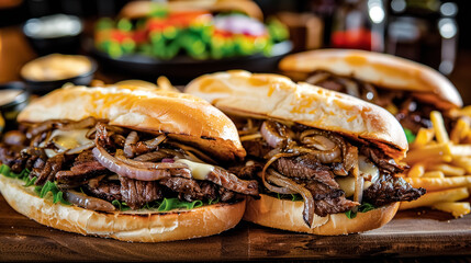 Philly Cheesesteak is a sandwich made with thinly sliced beef, melted cheese and grilled onions on a long roll, quintessential Pennsylvania dish