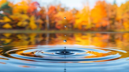   A tight shot of a water droplet hovering above a tranquil lake In the backdrop, trees stretch their limbs A few water drops gracefully join the lake in the - obrazy, fototapety, plakaty