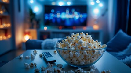 A glass bowl filled with popcorn with a remote control in the background as the TV plays. Depicts a cozy evening spent watching a movie or TV series at home.