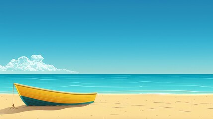   A yellow boat atop a sandy beach, near a tranquil body of water, beneath a blue sky