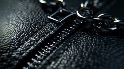   A tight shot of a black leather bag's zipper, featuring a red tag centrally positioned