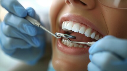 A woman is having her teeth inspected by a dentist