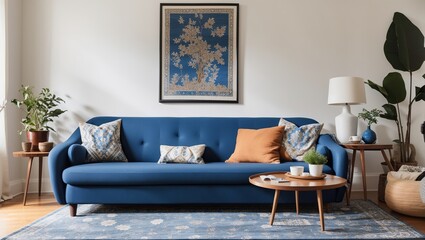 A 3D illustration of a living room with a blue couch, a lamp, a table, and a plant.