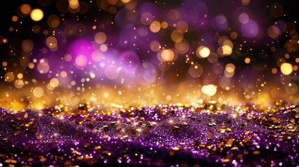 Fototapeta na wymiar Abstract violet and gold shiny Christmas background with bokeh. Holiday bright purple blurred backdrop with golden particles.