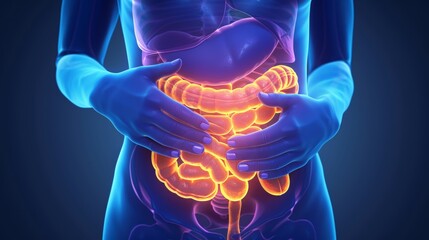3d rendering of the human digestive tract with highlighted intestines