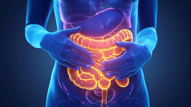 3d rendering of the human digestive tract with highlighted intestines
