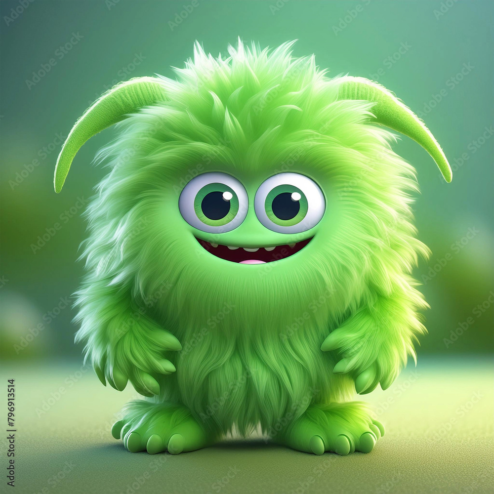 Wall mural Cute green furry monster cartoon character, illustration