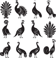 Set of Peacock silhouettes on white background	