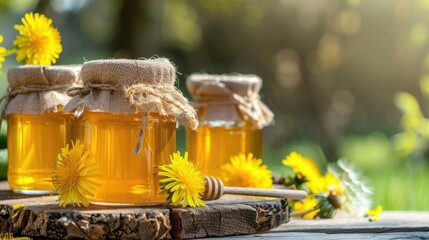 Several glass jars of dandelion honey - syrup made from fresh dandelion flowers in spring