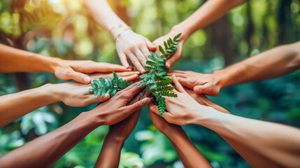 Top view of diverse women stacking hands together with fern leaves on top in the park. People with joined hands as a team