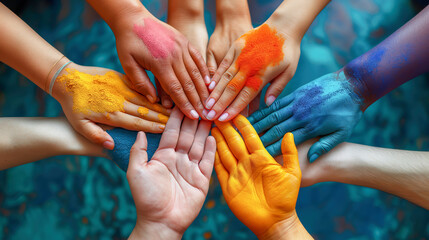 Top view of diverse women stacking hands together with colorful powder pigments on a blurred background. Unity for Women's Day banners