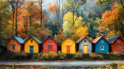 Fototapeta premium A row of colorful wooden houses in the woods, with autumn colors and a scenic forest background in the style of a travel magazine. Community connection and resilience, neighbors support one another du