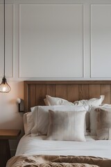 modern minimalist style hotel room with white walls, a wooden headboard on the bed and bedside table, interior design