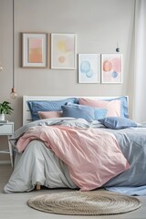 A pastel colored bedroom with grey, blue and pink bed linen on the king size white wooden bed frame of an empty room decorated with soft pillows