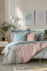 A pastel colored bedroom with grey, blue and pink bed linen on the king size white wooden bed frame of an empty room decorated with soft pillows