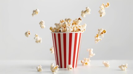 A paper cup filled with popcorn, floating against a white background, isolated.