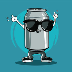 Cute soda can cartoon character with sunglasses flat vector illustration