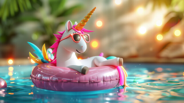 cute unicorn on an inflatable ring in the pool on vacation