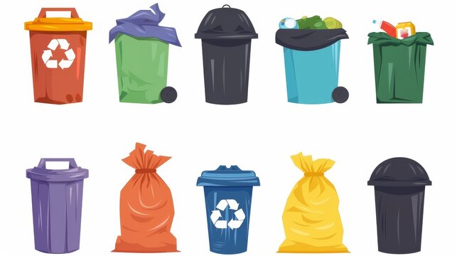 A set of trash bags, bins, and containers depicted as icons in cartoon or flat style, isolated on a white background. This vector illustration showcases various waste disposal methods.
