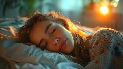 A Caucasian woman peacefully sleeping in a cozy bed as a stress-relief technique. Concept Relaxation Techniques, Stress Relief, Cozy Bed, Caucasian Woman, Peaceful Sleep
