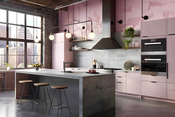 Contemporary modern kitchen interior in shady rose pink colors and concrete details.