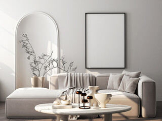 Frame mockup, ISO A paper size. Living room wall poster mockup. Interior mockup with house background. Modern interior design. 3D render
- 796916160