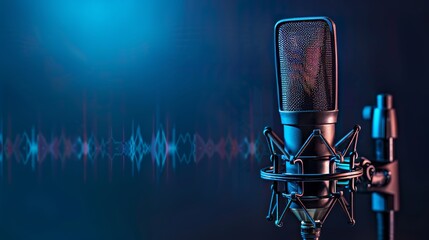 A professional microphone with a waveform pattern displayed on a blue background banner, suitable for a podcast or recording studio setting.