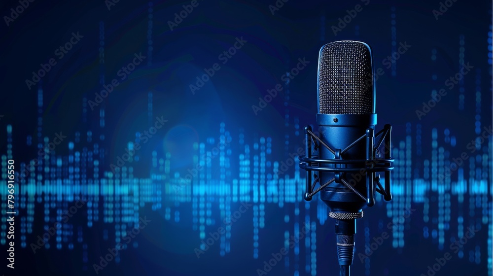 Wall mural a professional microphone with a waveform pattern displayed on a blue background banner, suitable fo