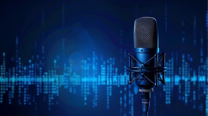 A professional microphone with a waveform pattern displayed on a blue background banner, suitable for a podcast or recording studio setting.
