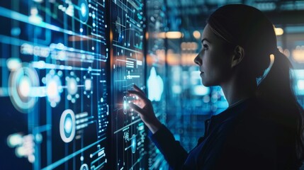 Professional woman engages with advanced digital interface showcasing edge computing visuals