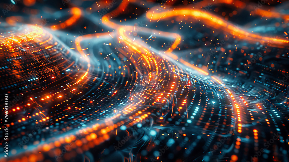 Poster glowing data binary code background with digital particles and orange lights