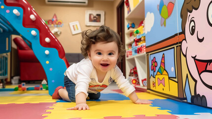 Fototapeta premium Cute baby girl playing on the floor in the children's room