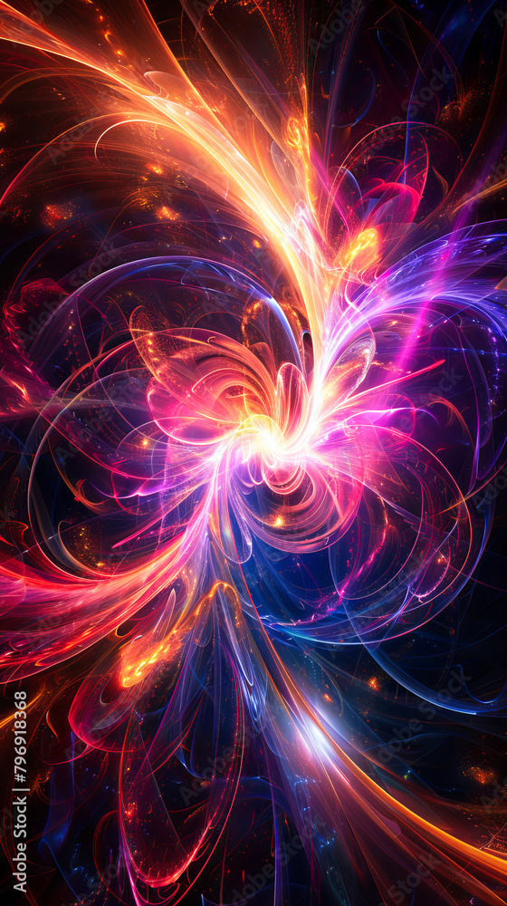 Wall mural abstract swirl of glowing neon light particles on a dark background