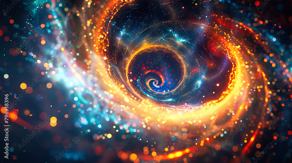 Sticker abstract swirl of glowing neon light particles on a dark background
