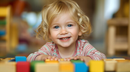 Portrait of cute little girl playing with colorful wooden blocks at home