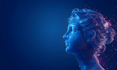 Abstract Polygonal Wireframe Portrait of a Female Antique Head. Futuristic Mockup. Background for Future Technologies. Antique Woman Sculpture as a Hologram.