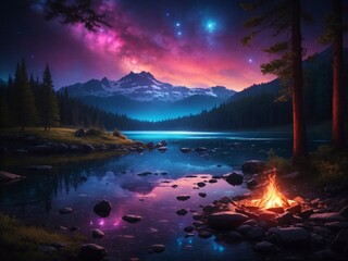 "Starry Night Revelry: Neon Campfire Illumination in the Wilderness"