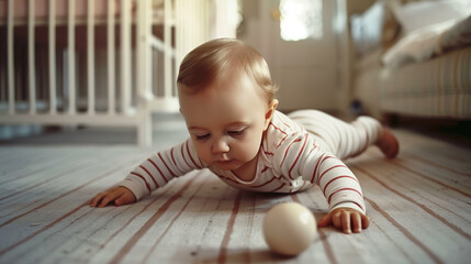 Cute baby boy crawling on the floor and playing with ball.