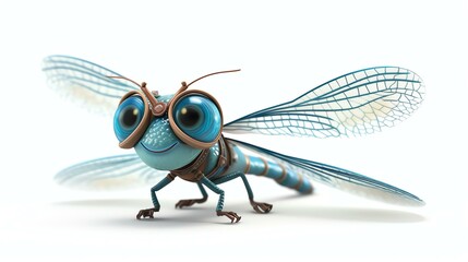 A cute and friendly dragonfly character. He is wearing a pair of goggles and has a big smile on his face.