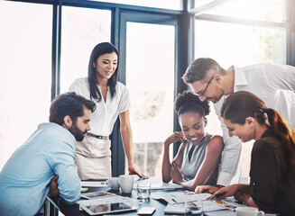 Team, business and people for meeting in office with manager for feedback or review of company...