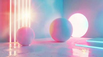 3D render of an abstract background with geometric shapes and neon lights. White sphere in the foreground