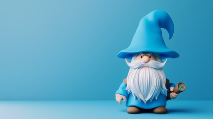 3D rendering of a cute wizard with a long white beard. He is wearing a blue hat and robe and holding a magic staff.