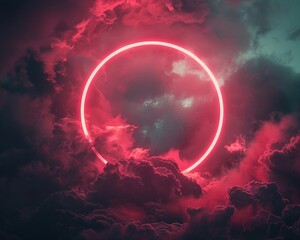 abstract red neon circle amidst mysterious in dark clouds