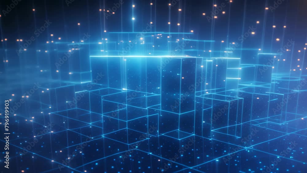 Poster 3d rendering of abstract technology background. High tech digital data concept, Big data flow in cyber blockchain fields with a blue network system